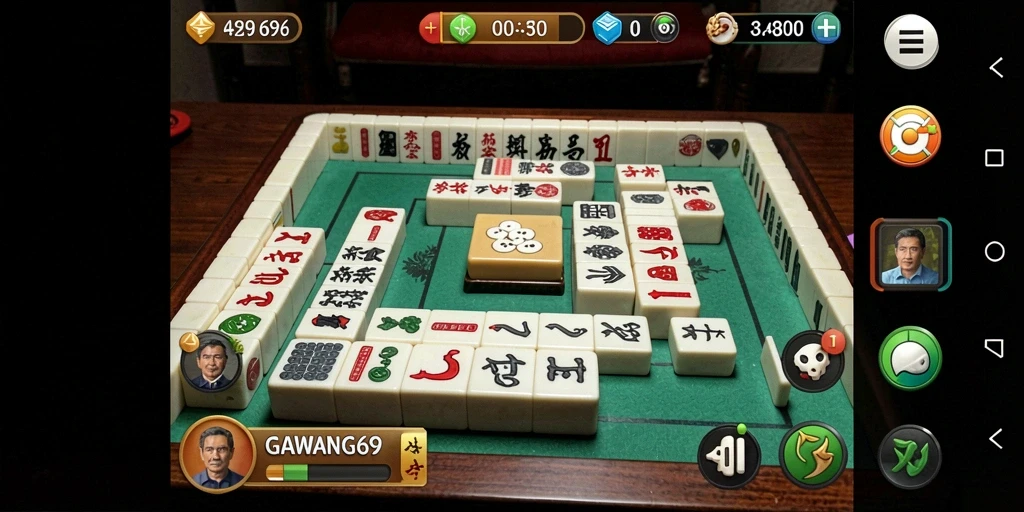 Tampilan gameplay seru GAWANG69 dengan ubin Mahjong berwarna-warni.