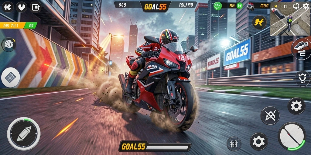 Tampilan gameplay menegangkan saat balap motor di GOAL55.