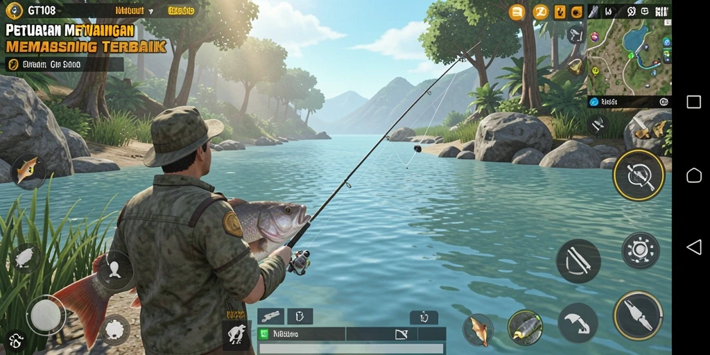 Screenshot gameplay GT108 menampilkan aksi seru saat memancing.