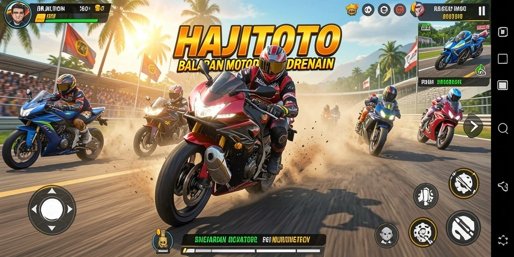 Gameplay mendebarkan HAJITOTO dengan motor balap cepat di lintasan.