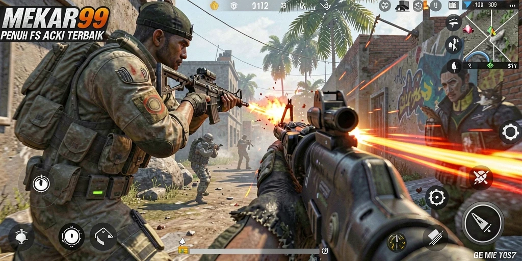 Screenshot gameplay MEKAR99 yang menampilkan aksi perang intens.
