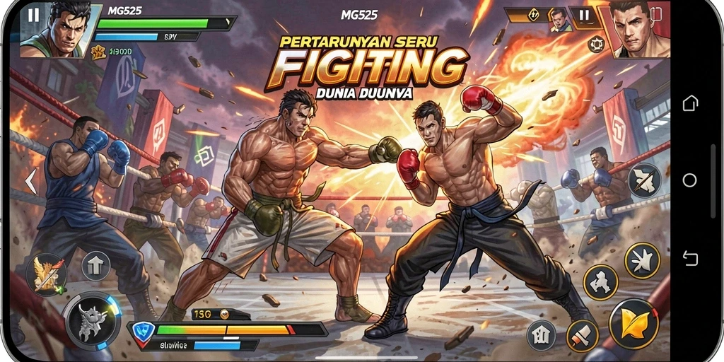 Screenshot gameplay MG525 menunjukkan karakter bertarung dengan penuh semangat.