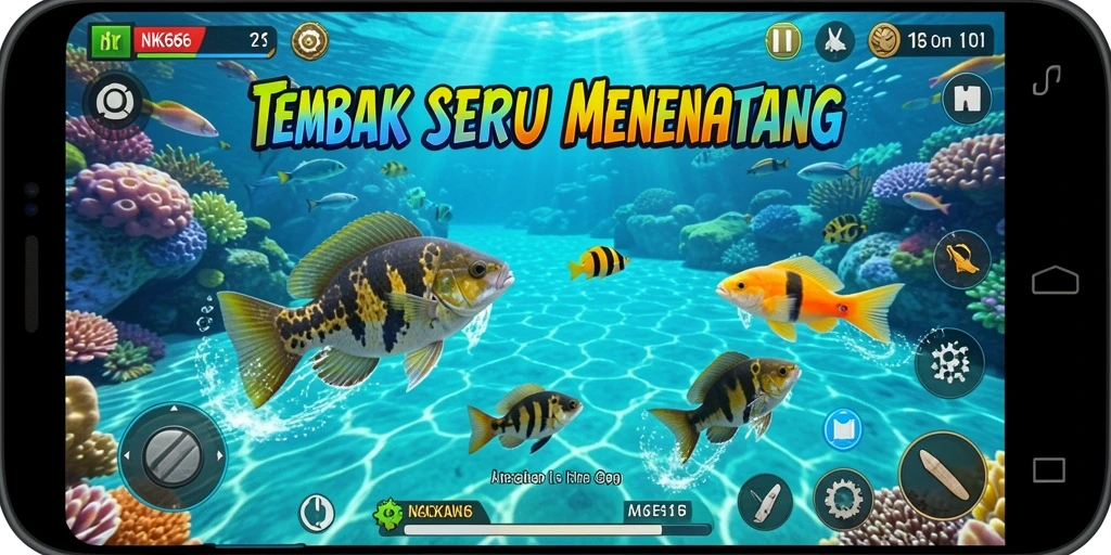 Tangkapan layar dari gameplay NK666 dengan ikan yang berwarna-warni.