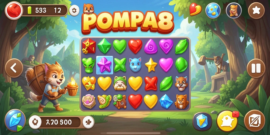 Screenshot menunjukkan gameplay seru POMPA88 dengan berbagai level Match-3.
