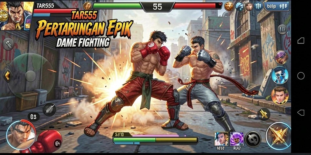 Screenshot TAR555 menampilkan aksi pertarungan yang intens dan karakter-karakter yang unik.