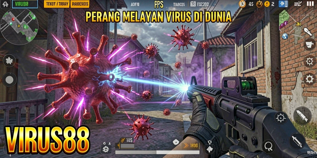 Tampilan gameplay menegangkan di VIRUS88 dengan aksi melawan virus.
